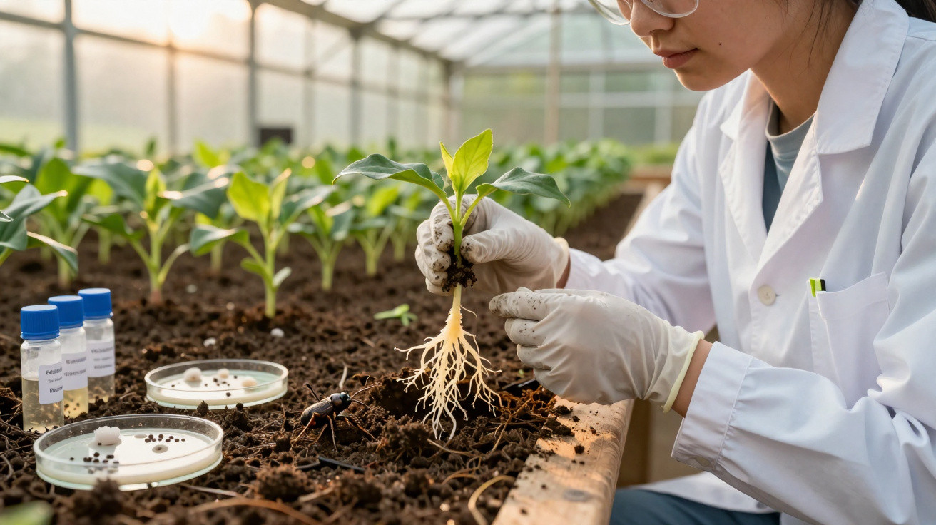 Pesquisadora em jaleco e luvas examina raiz de muda em estufa com plantas e frascos de laboratório.