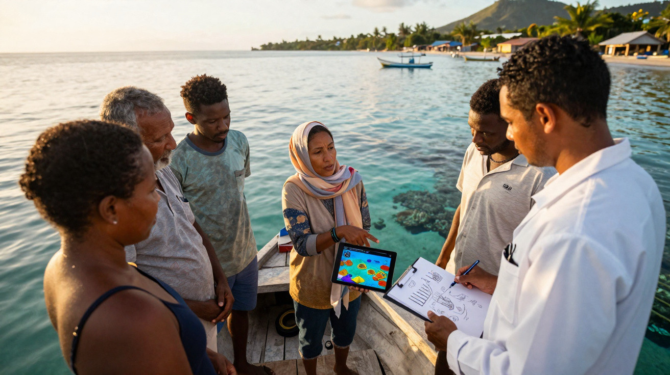 Grupo de pessoas discutindo dados em tablet e prancheta em barco perto da costa ao entardecer.