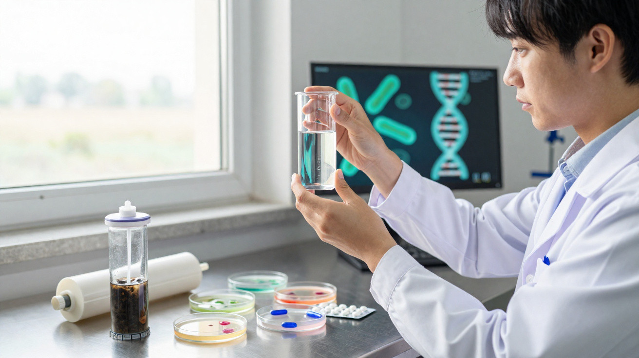 Cientista em laboratório analisando líquido em tubo de ensaio com placas de Petri e tela de DNA ao fundo.