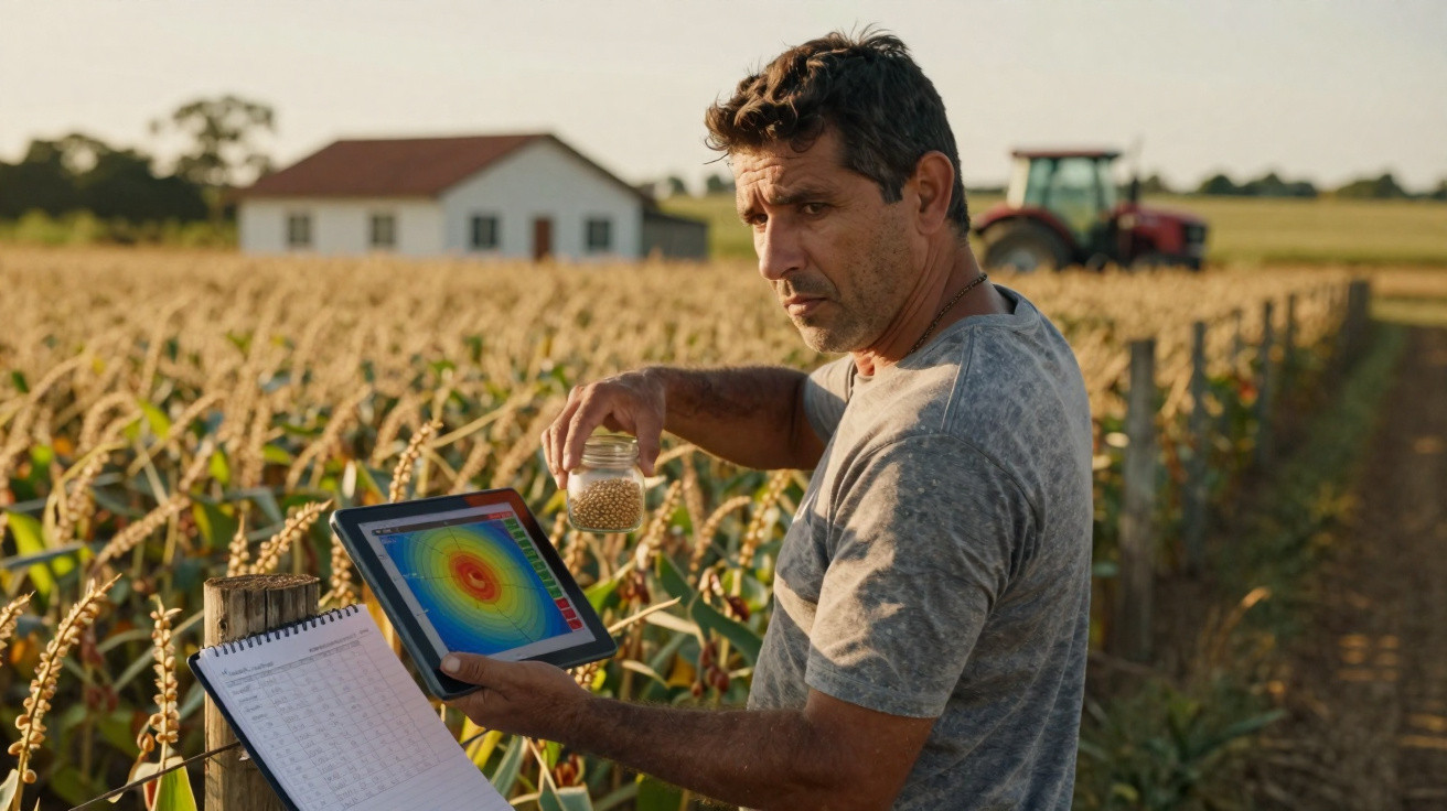 Homem em plantação de milho segurando pote de grãos e tablet com mapa de calor digital.