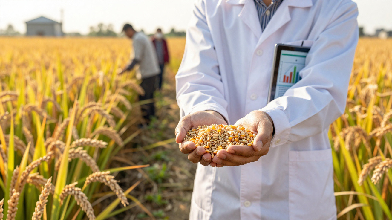 Pessoa de jaleco segurando sementes na mão em campo agrícola com plantas maduras ao fundo.