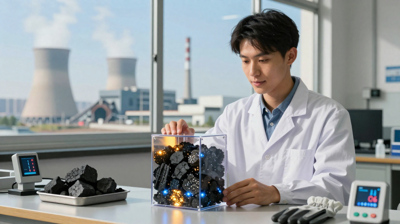 Cientista em laboratório analisando amostra de carvão com modelo de ligações químicas, usina ao fundo.