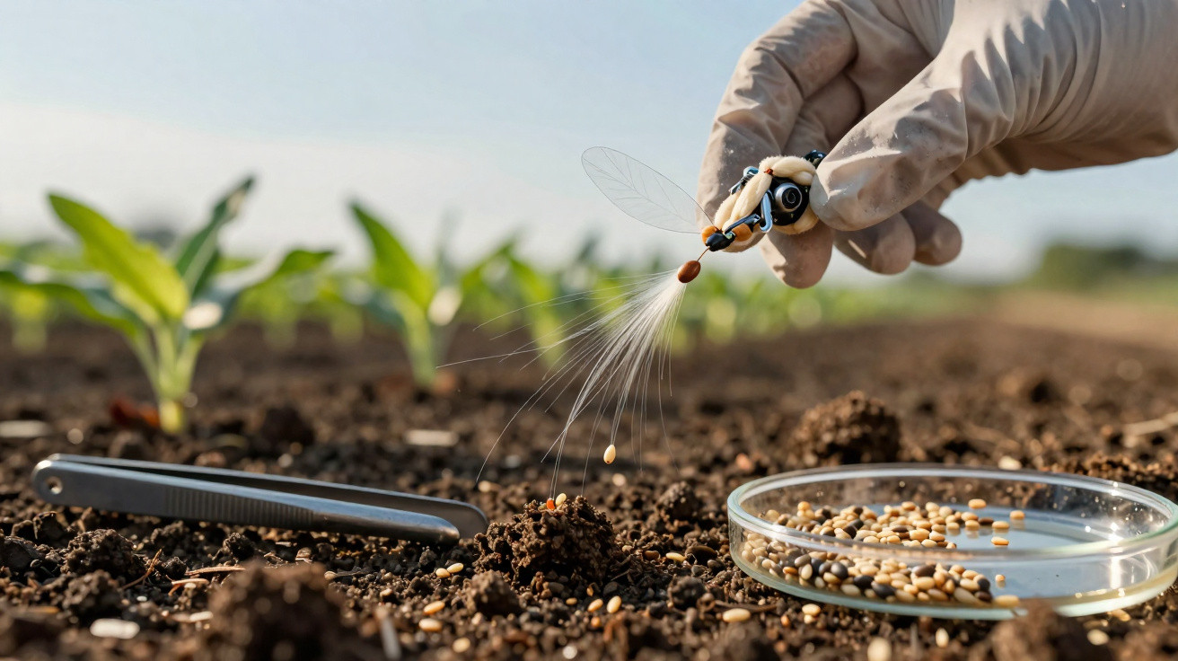 Mão com luva plantando sementes no solo com pinça e placa de Petri ao redor em campo agrícola.