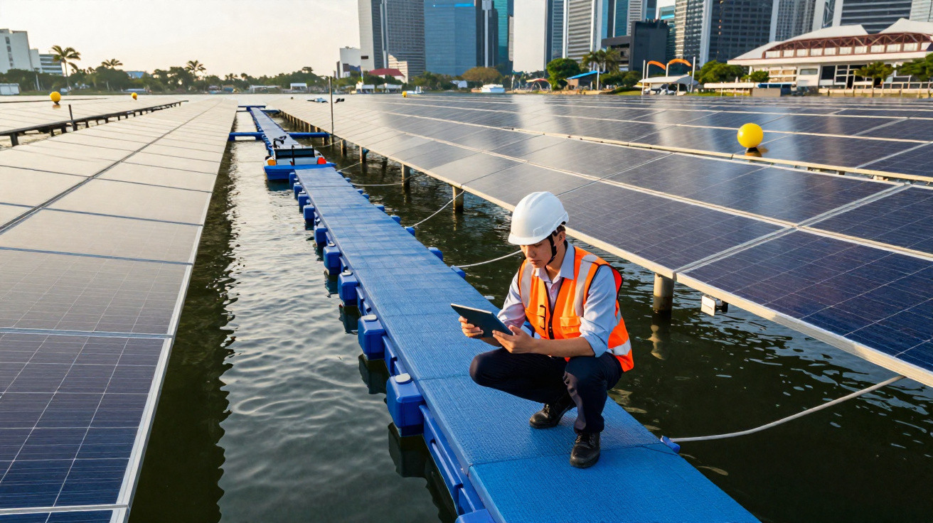 Engenheiro com capacete e colete laranja verifica painéis solares flutuantes em reservatório urbano.