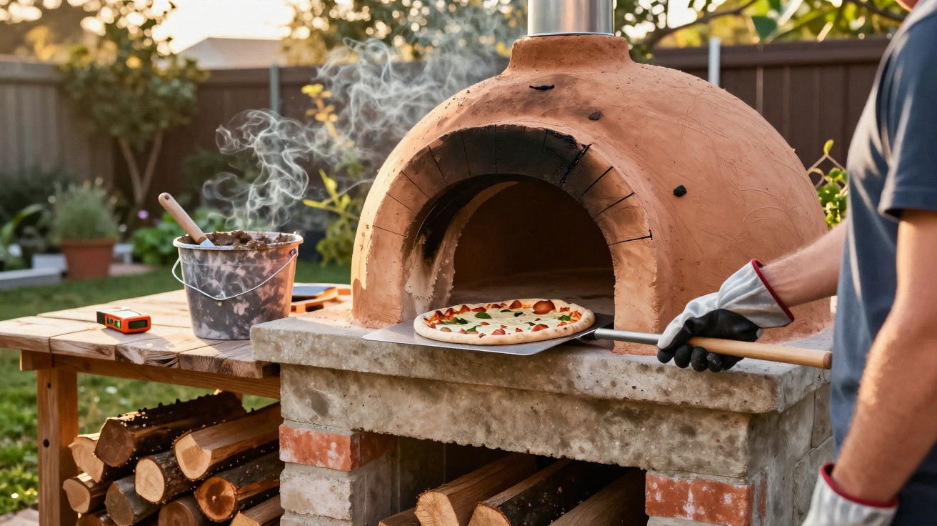 Forno à lenha de barro com pizza sendo retirada por pessoa com luvas em área externa ensolarada.