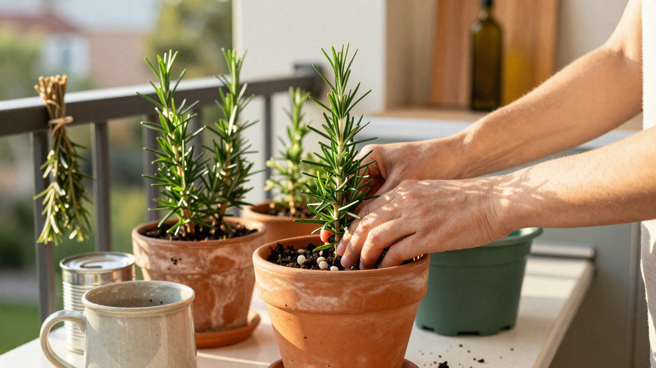 Mãos cuidando de plantas de alecrim em vasos de barro em uma varanda ensolarada com utensílios ao redor.