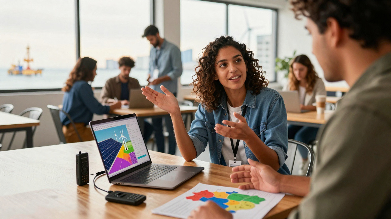 Pessoas trabalhando em escritório moderno discutindo gráficos de energia renovável no laptop e documento colorido na mesa.