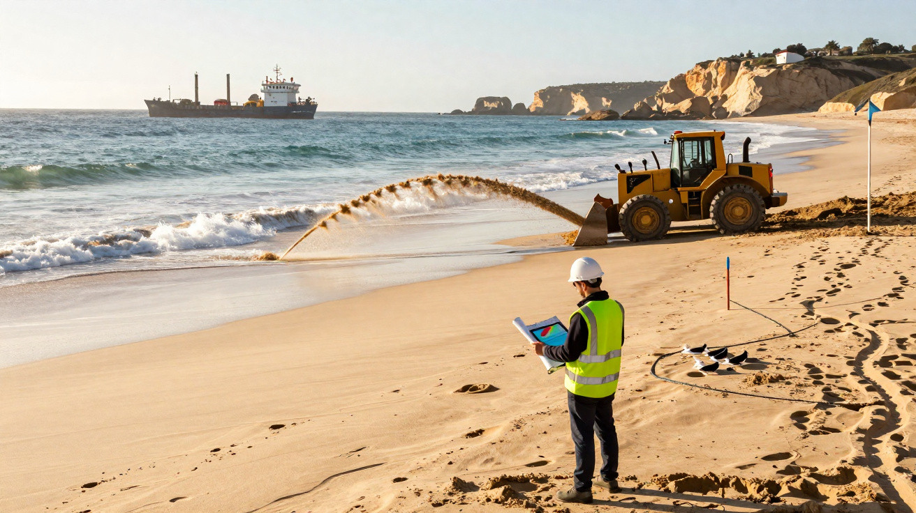 Engenheiro com colete e capacete observa obra de dragagem na praia com trator e navio ao fundo.