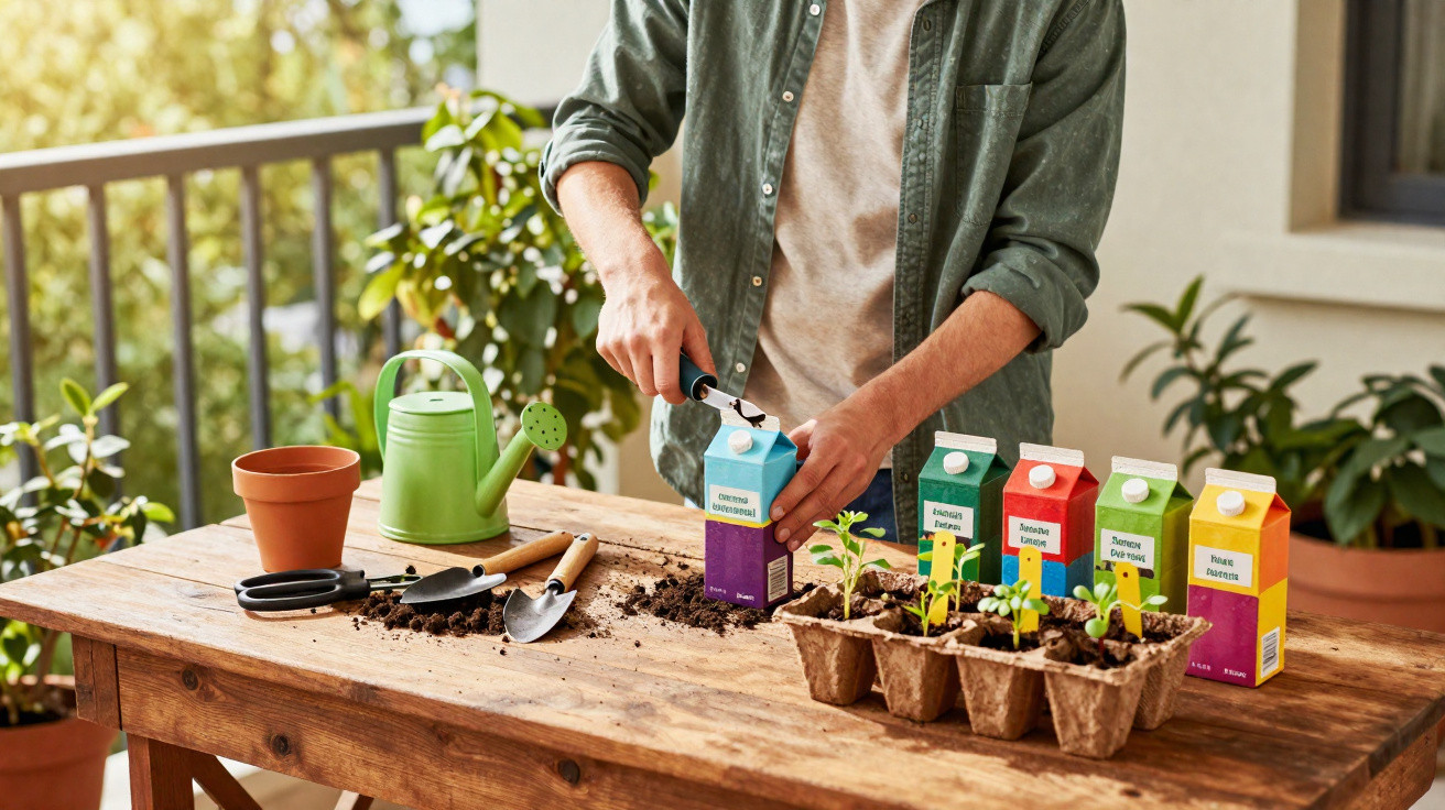 Pessoa abrindo caixa de leite para reutilizar em mudas de plantas em varanda ensolarada.