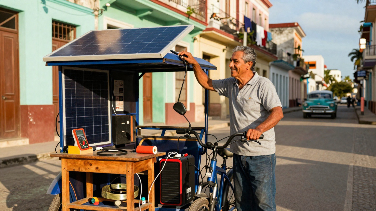 Homem ajusta painel solar conectado a bicicleta com equipamentos em rua de bairro colorido.