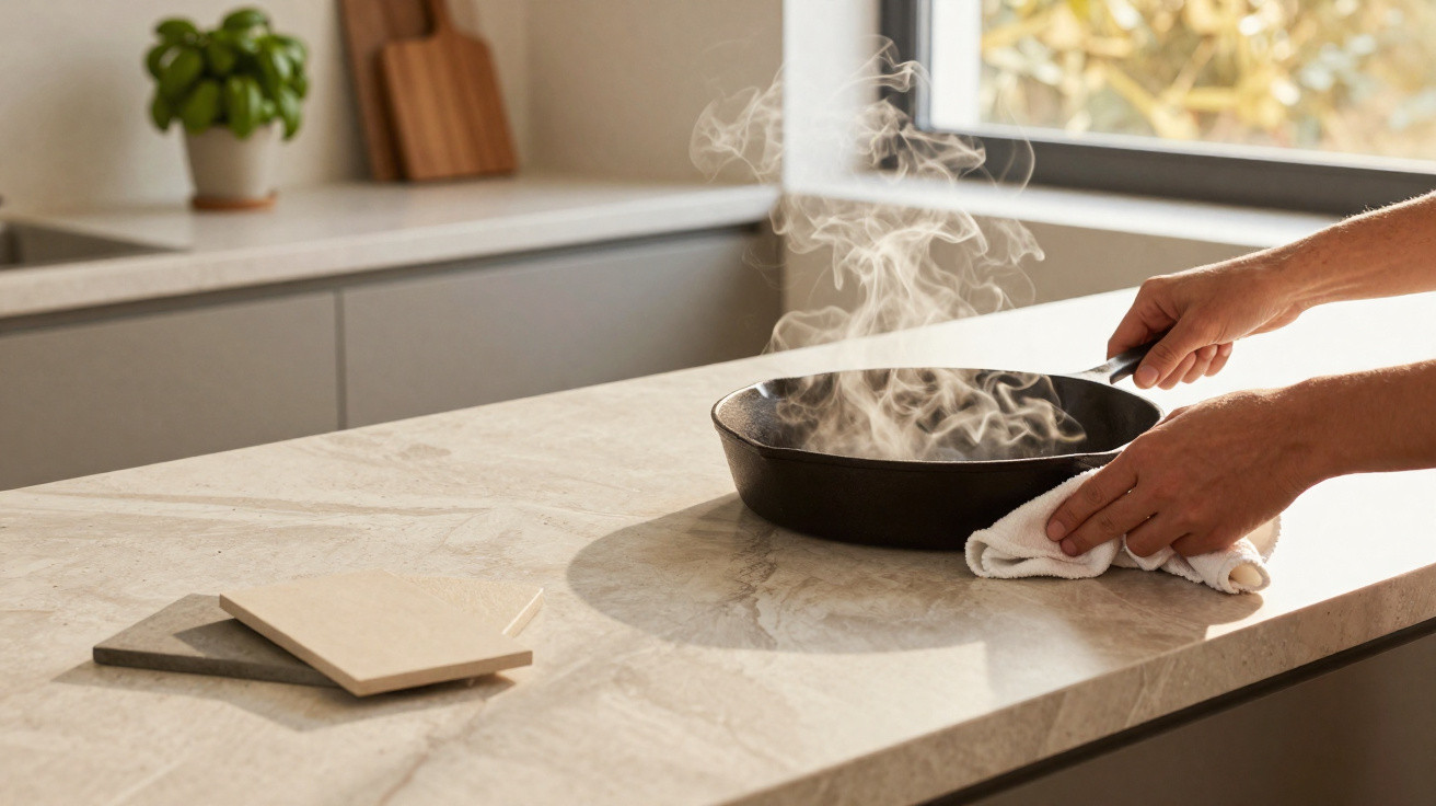 Pessoa segurando frigideira quente fumegante com pano na bancada de cozinha clara.