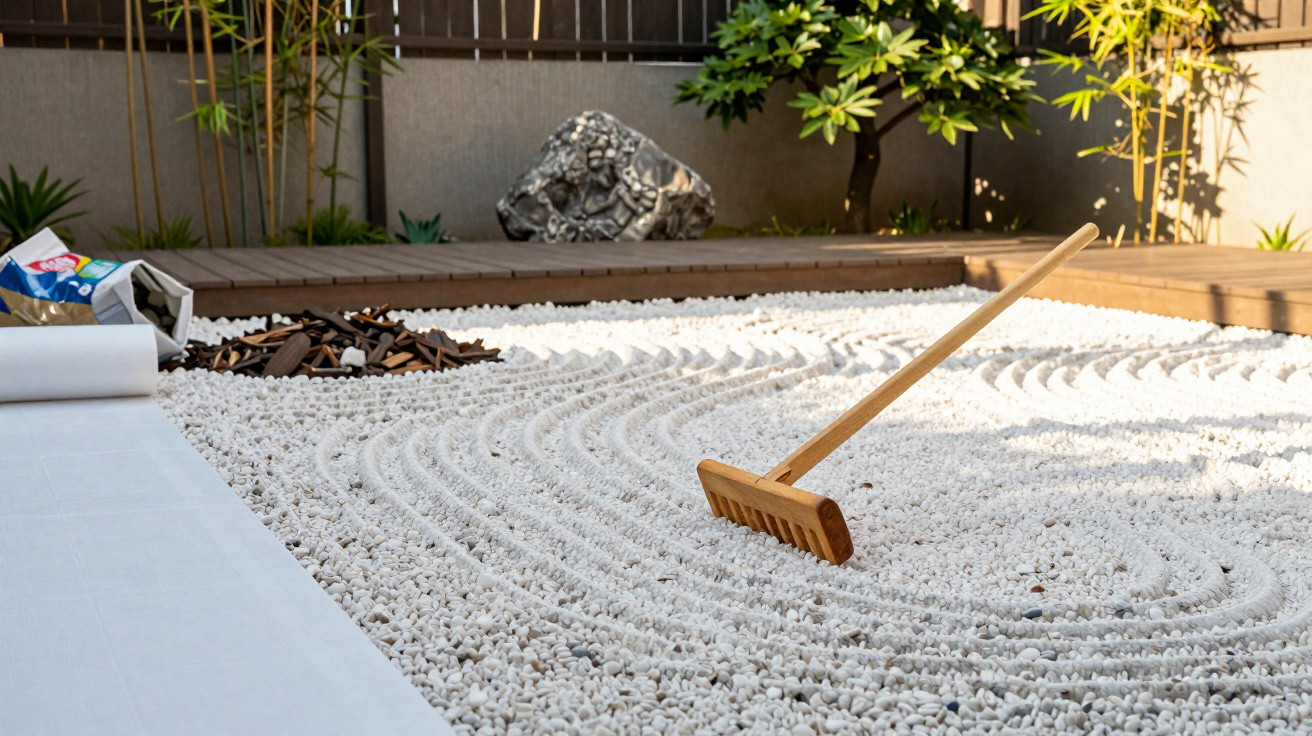 Rastrilho de madeira sobre cascalho branco arranjado em padrões ondulados em jardim minimalista.