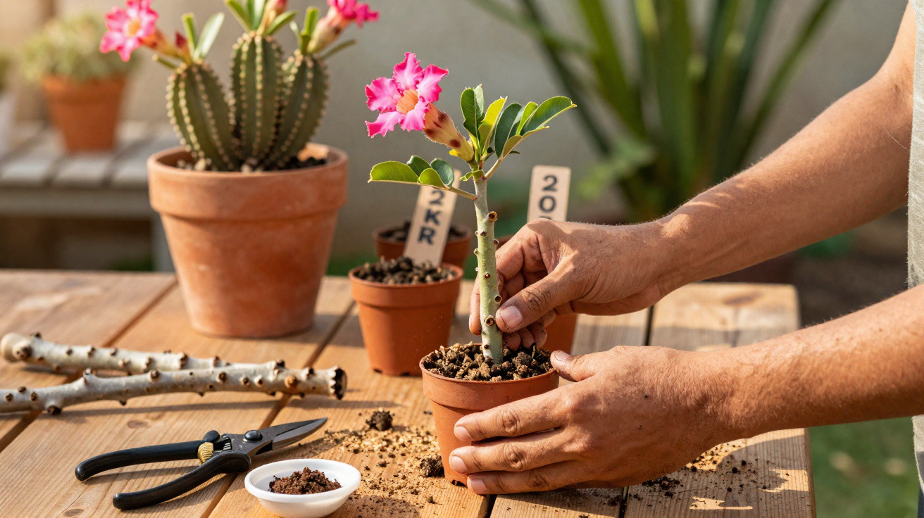 Pessoa transplantando pequeno vaso com planta de flores rosas sobre mesa de madeira ao ar livre.
