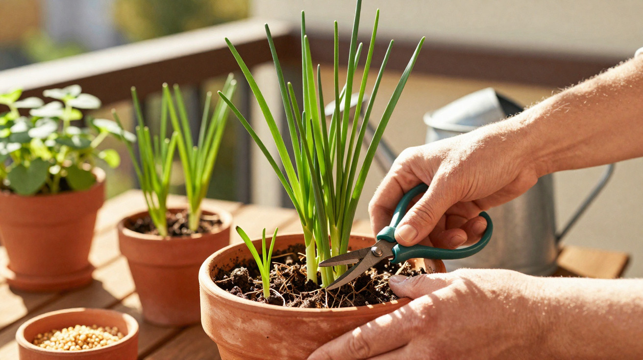 Pessoa podando cebolinha em vaso de barro usando tesoura, com regador e outras plantas ao fundo.