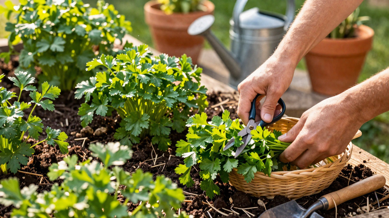 Pessoa colhendo salsinha com tesoura em canteiro de plantas com ferramentas de jardinagem ao fundo.