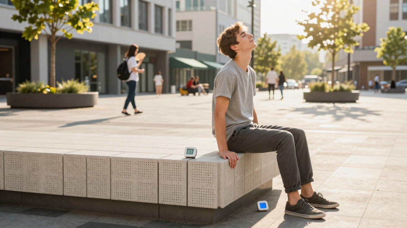 Jovem sentado em banco urbano aproveitando o sol da tarde em praça movimentada com pessoas ao fundo.