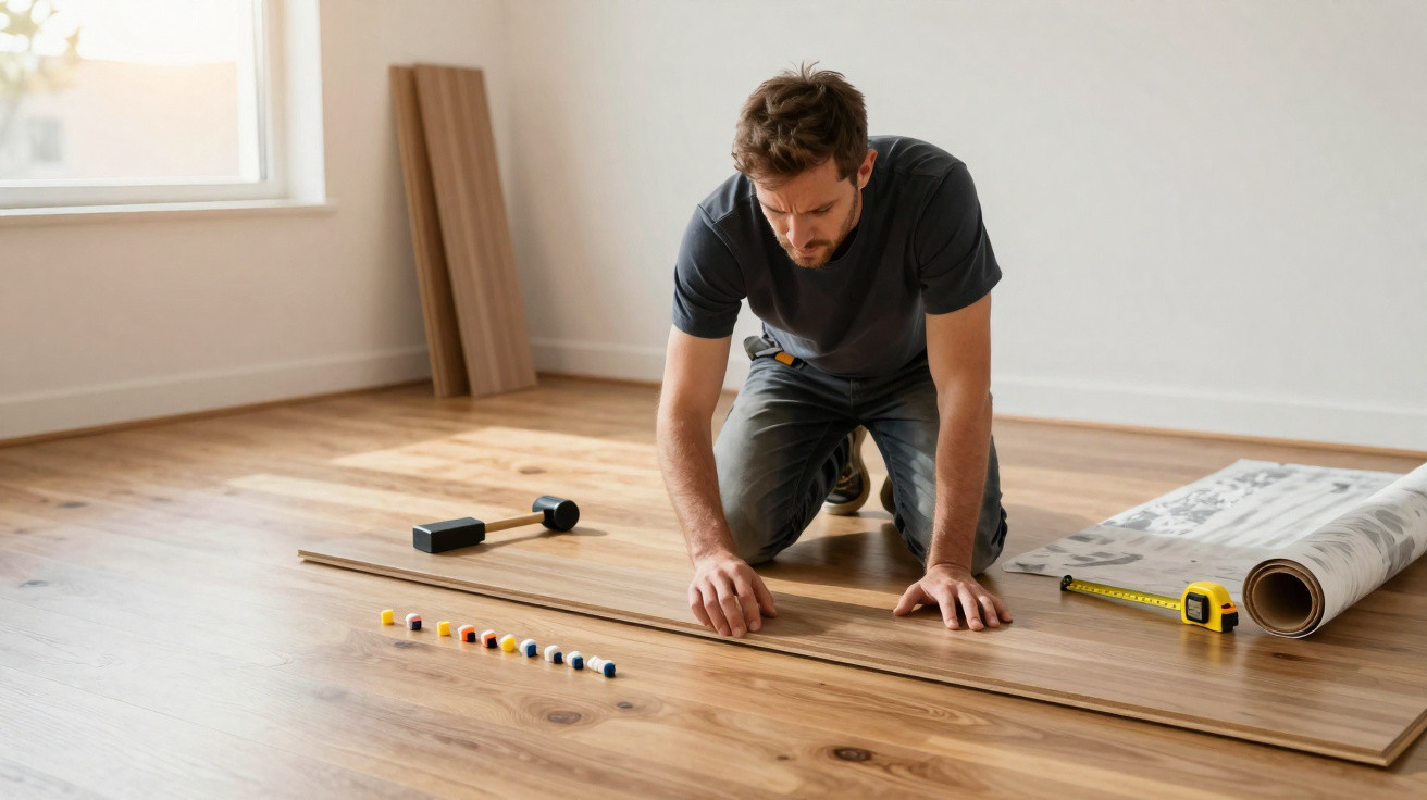 Homem instalando piso de madeira, com ferramentas e rolo de papel no chão de ambiente interno claro.