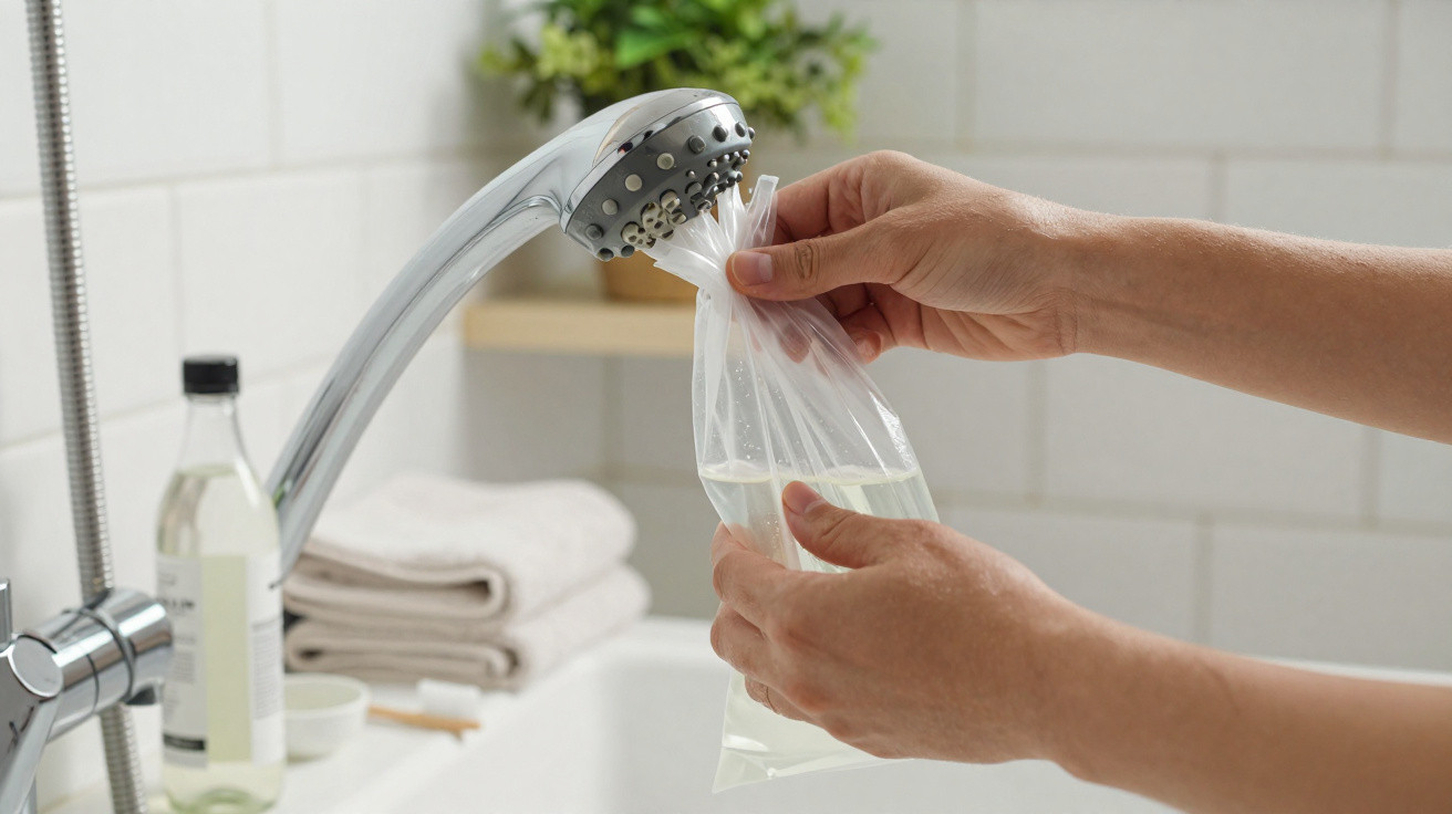 Mãos seguram saco plástico transparente sob torneira de metal para enchê-lo com água em pia de cozinha.