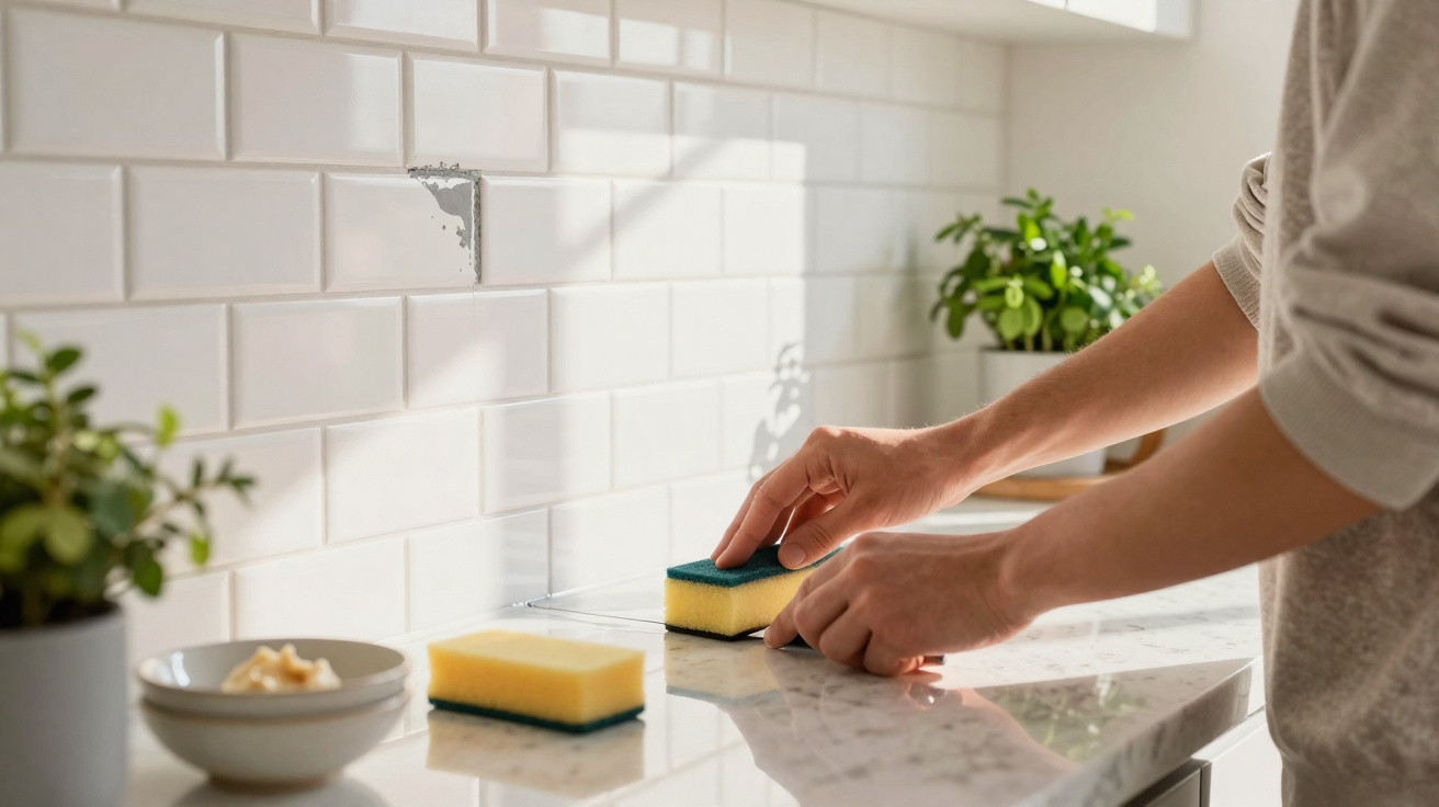 Pessoa limpando bancada branca com esponja amarela em cozinha com parede de azulejo branco.