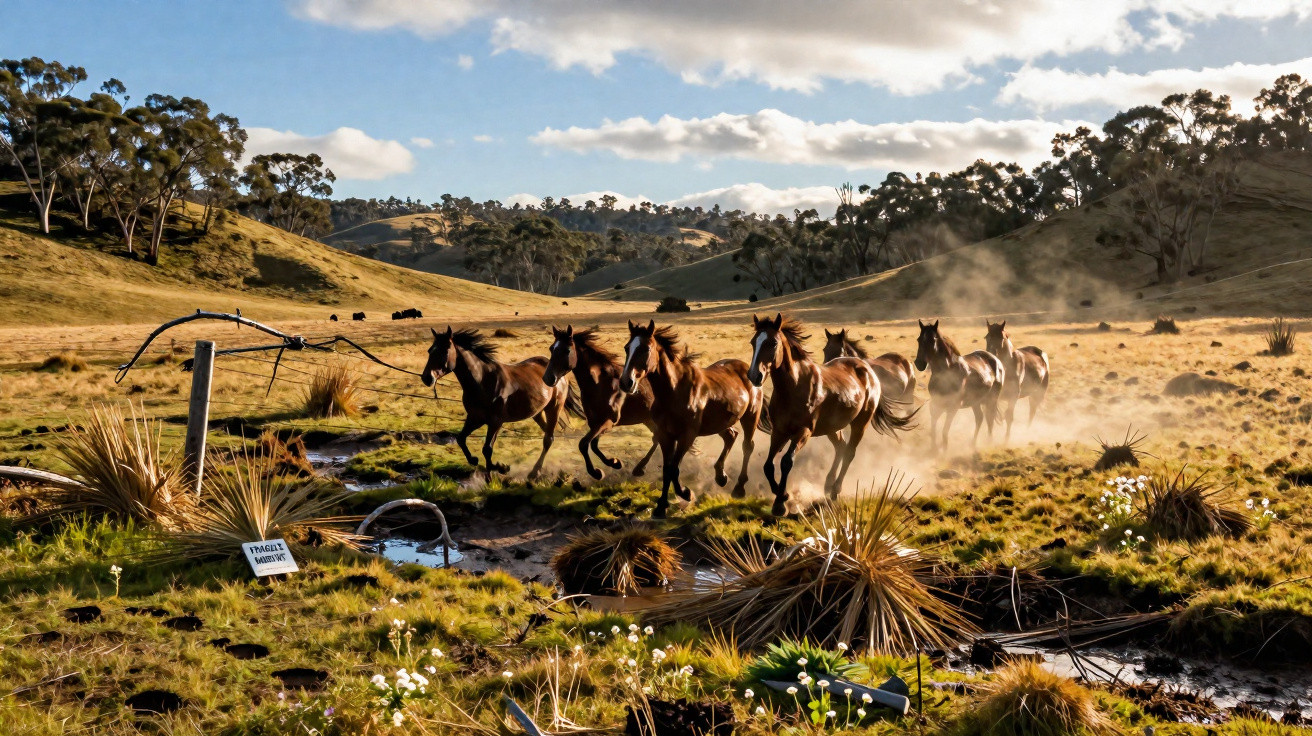 Cavalos correndo em fila pela pradaria ao pôr do sol com vegetação e céu azul com nuvens.