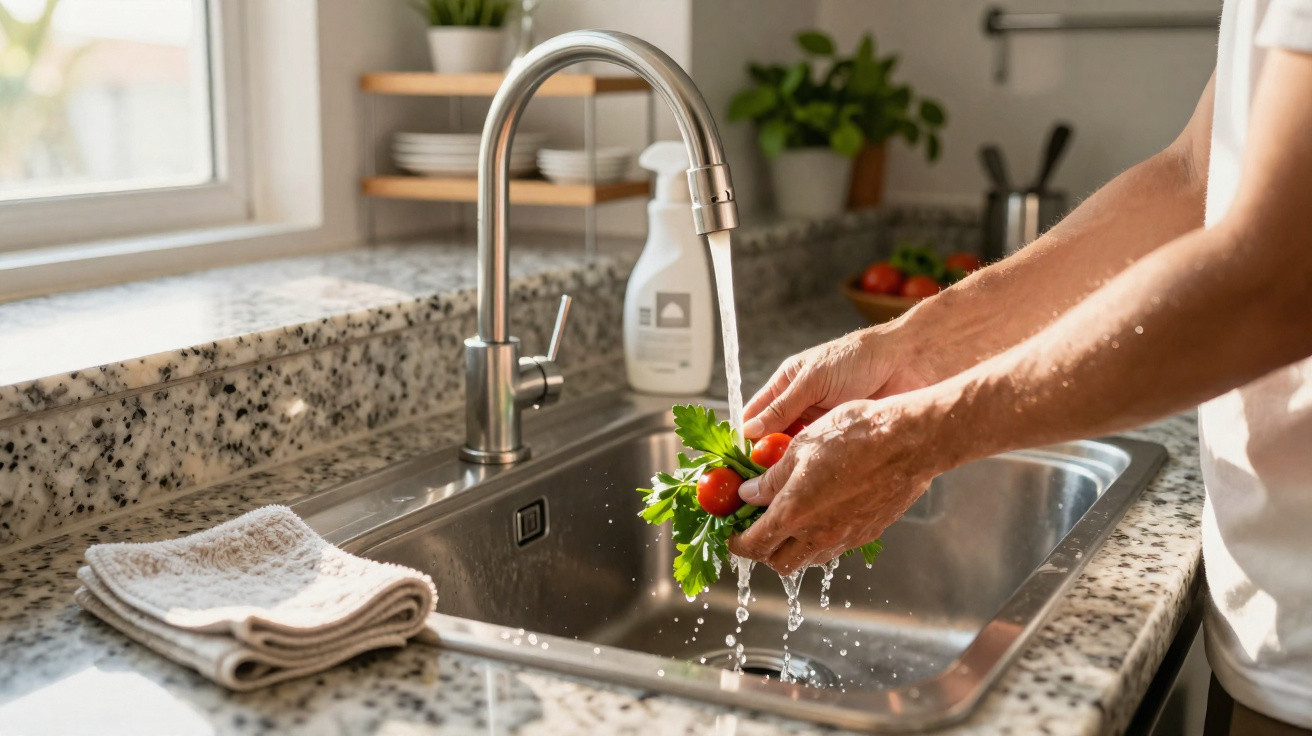 Pessoa lavando tomates-cereja e salsinha na pia de cozinha sob torneira com água corrente.