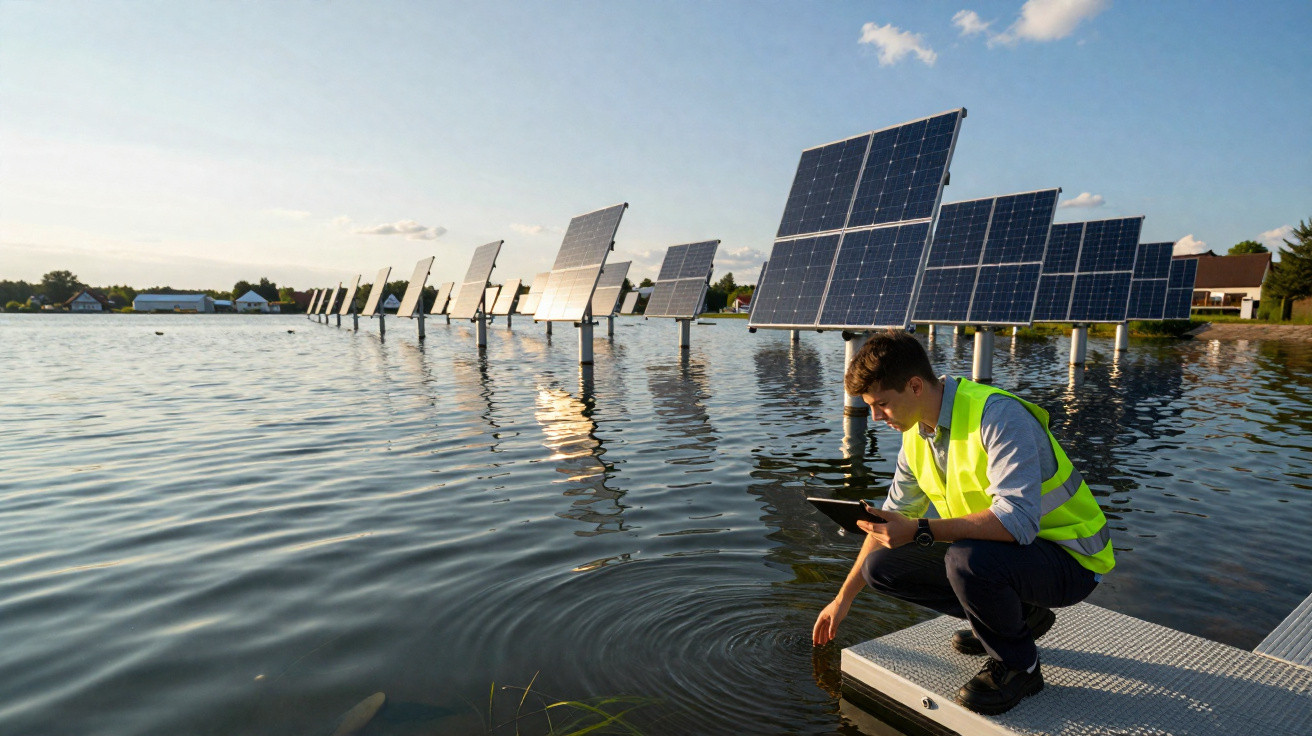 Homem com colete amarelo verifica água próxima a painéis solares instalados sobre espelho d'água.