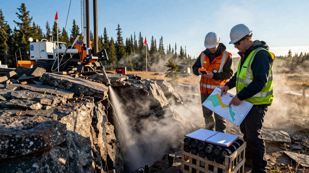 Dois geólogos com capacetes e coletes revisando mapas e equipamentos em área rochosa de exploração mineral.