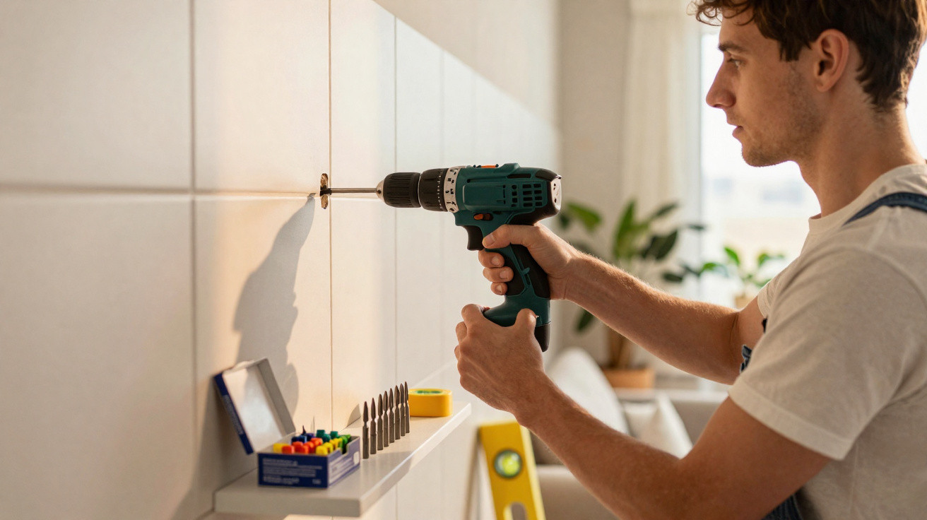 Jovem usando parafusadeira elétrica para fixar parafuso em parede revestida de azulejo branco.