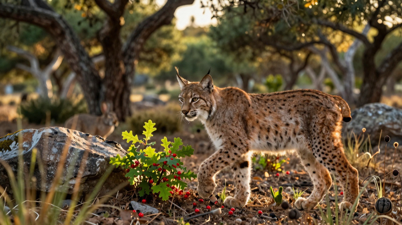 Lince em ambiente natural com árvores, pedras e folhas verdes com frutos vermelhos ao redor.