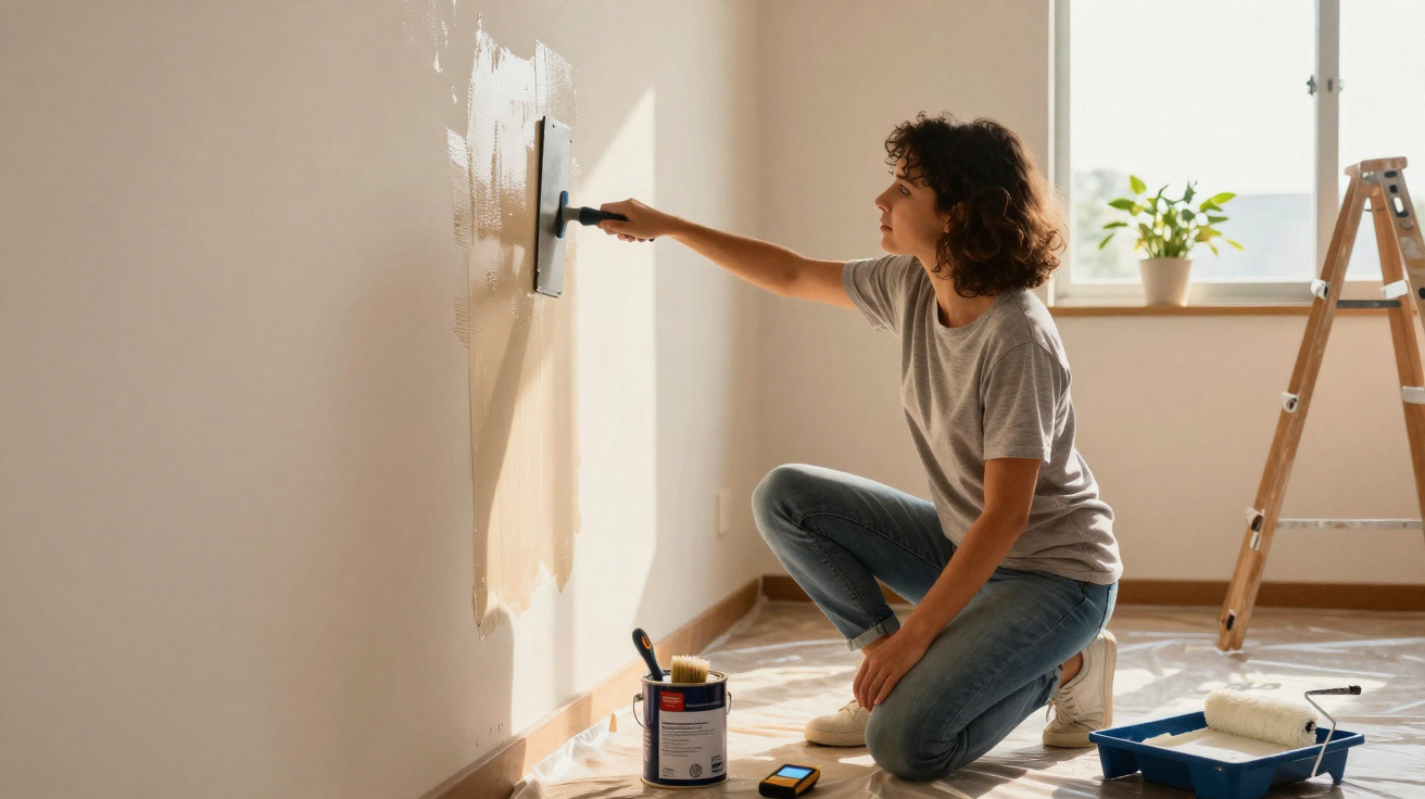 Mulher pintando parede interna de casa com espátula, agachada no chão coberto por plástico.