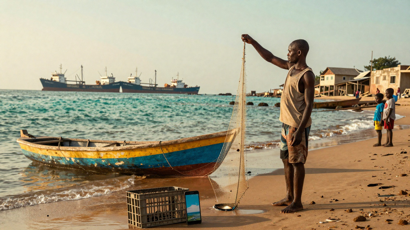 Homem inspeciona rede de pesca na praia com barco colorido e navios ao fundo em dia ensolarado.
