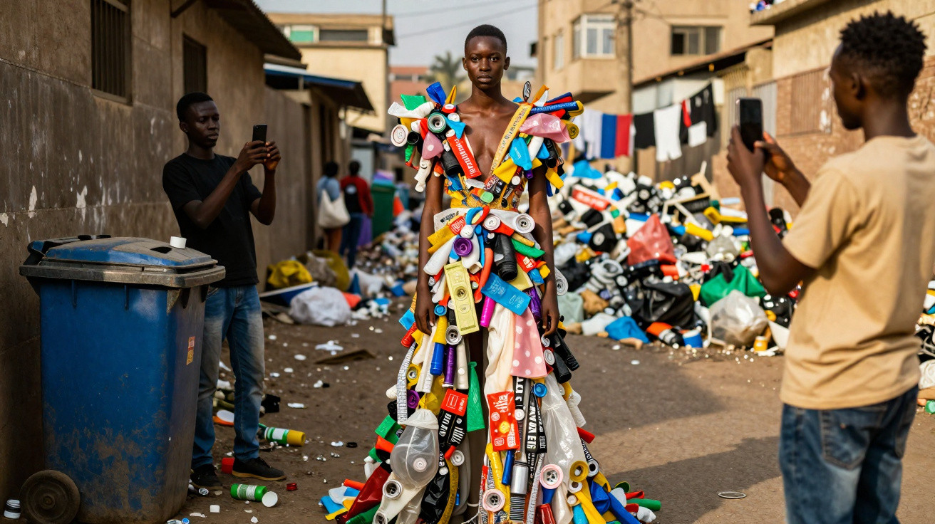 Pessoa vestindo traje feito de lixo reciclável posando em rua com pilha de lixo ao fundo, enquanto duas pessoas tiram foto.