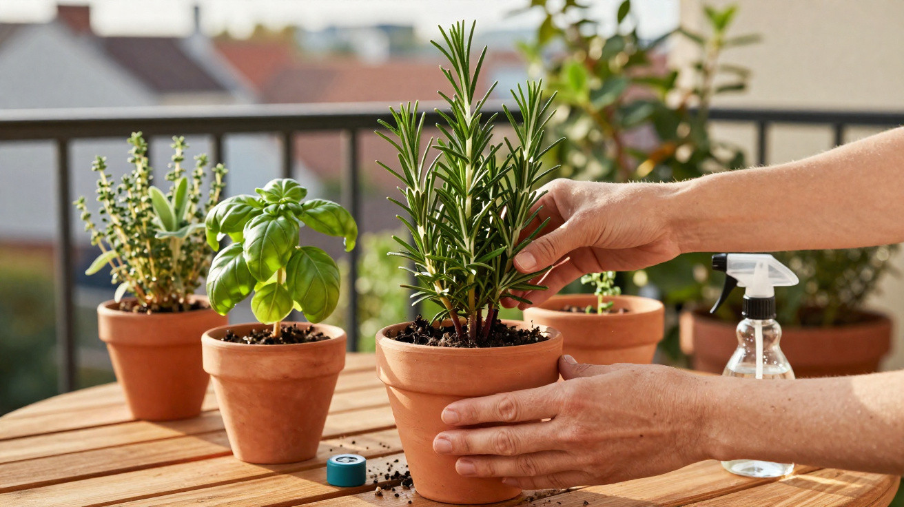 Mãos cuidando de plantas em vasos de barro sobre mesa de madeira em varanda iluminada pelo sol.