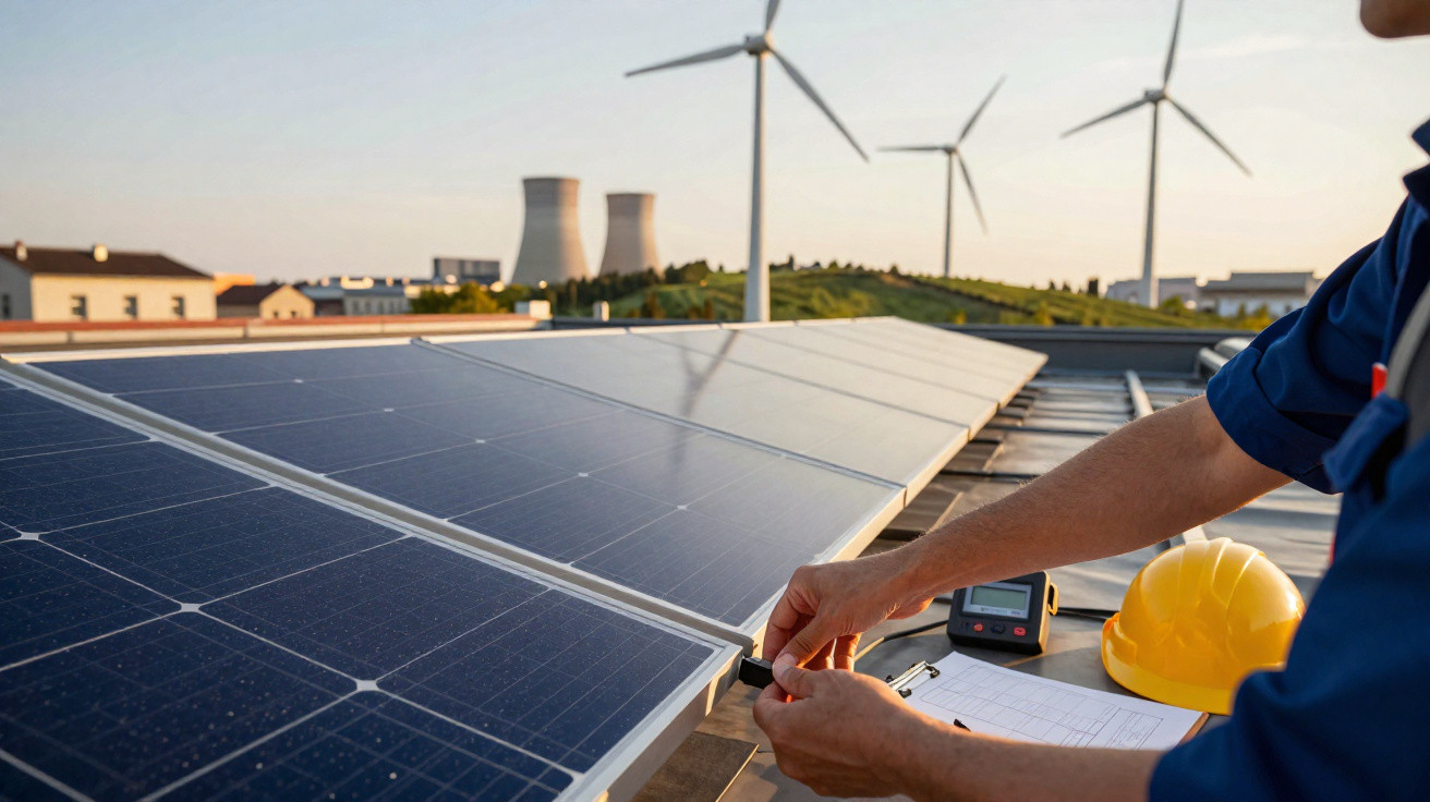 Pessoa trabalhando em painéis solares com capacete amarelo, turbinas eólicas e torres ao fundo.