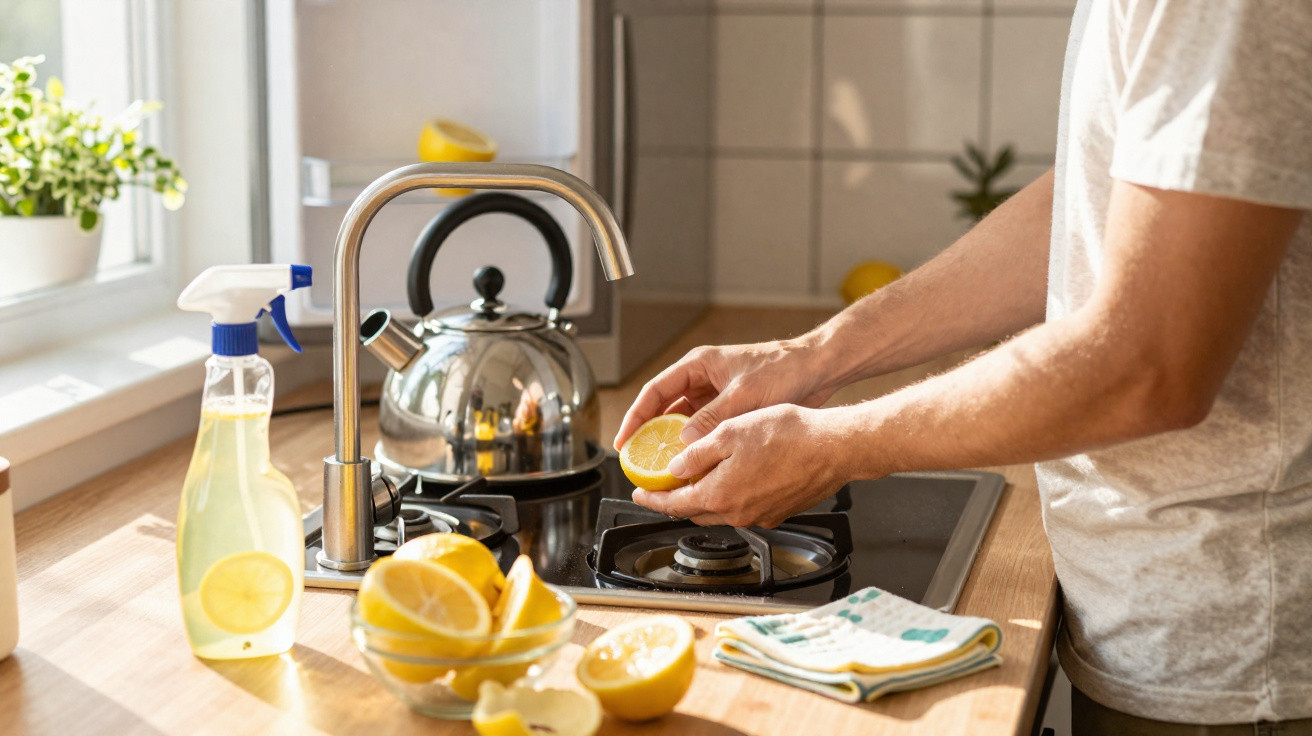 Pessoa espremendo limão na cozinha com chaleira, limpador e toalha sobre bancada de madeira.