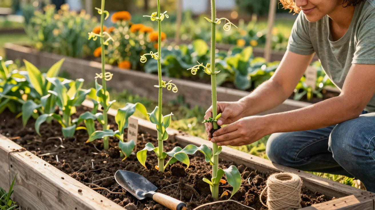 Pessoa cuidando de plantas em canteiro de madeira, com ferramenta de jardinagem e novelo de linha ao lado.