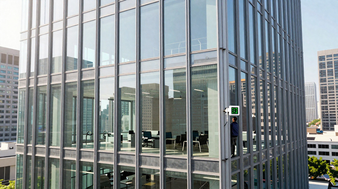 Prédios modernos com fachada de vidro refletindo edifícios urbanos em dia claro.