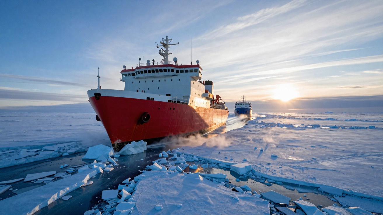 Navio quebra-gelo vermelho cortando gelo no oceano Ártico durante o pôr do sol.