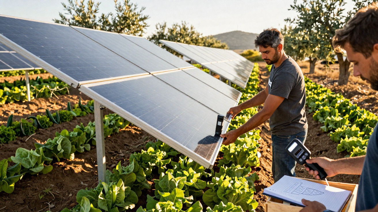 Dois homens fazem manutenção em painéis solares instalados em plantação agrícola ao ar livre.