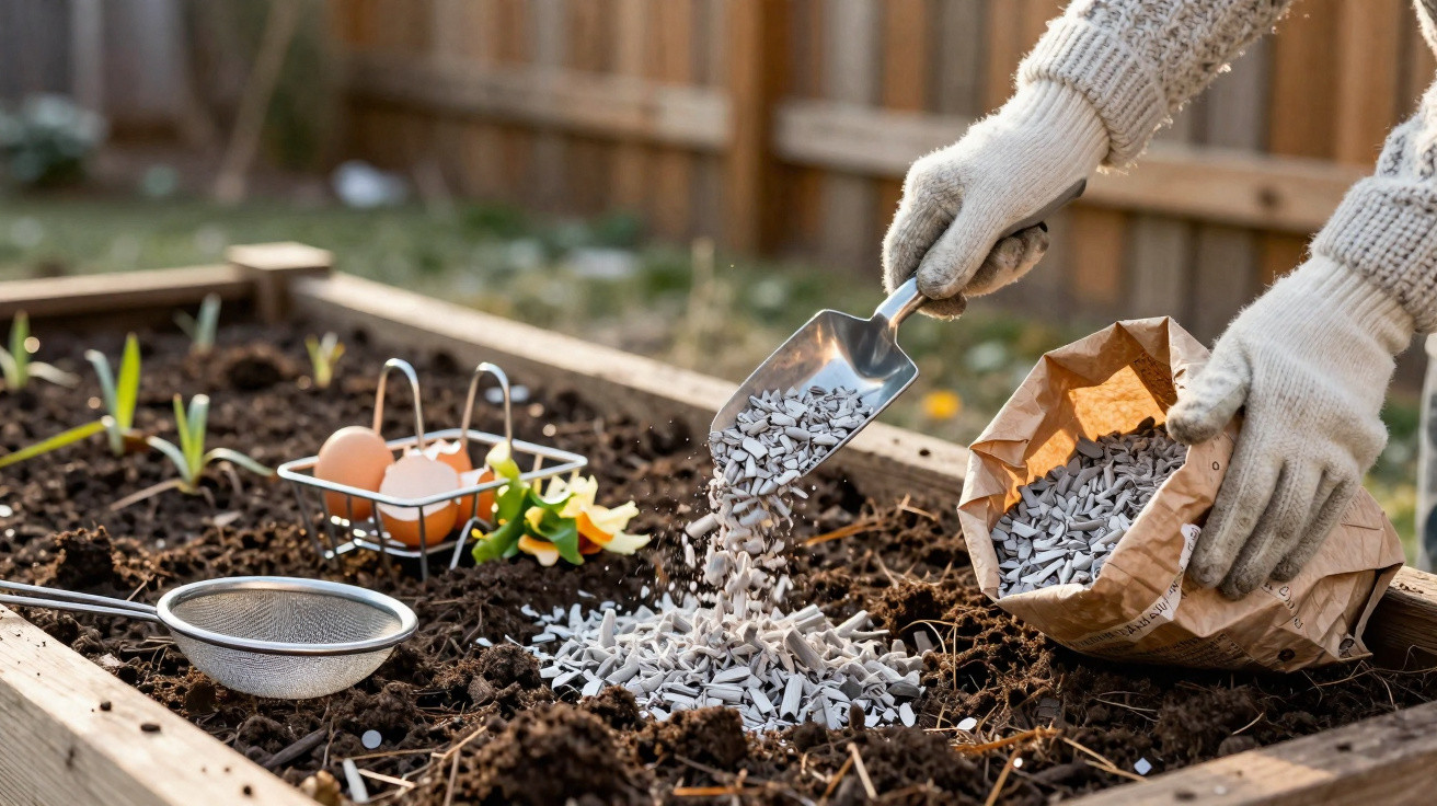 Pessoa usando luvas colocando fertilizante granulado em canteiro de terra com muda de planta e utensílios de jardinagem.