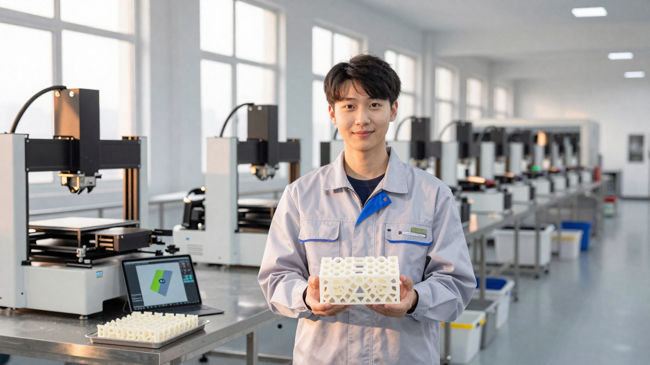 Homem em uniforme cinza segura objeto impresso em 3D em ambiente industrial com várias impressoras 3D ao fundo.