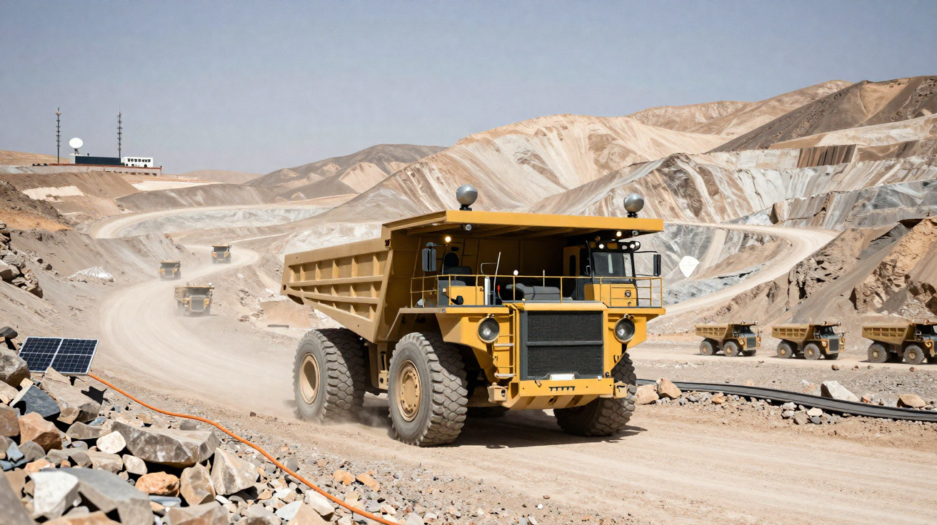 Caminhão de mineração amarelo transporta terra em estrada de mina a céu aberto com montanhas ao fundo.