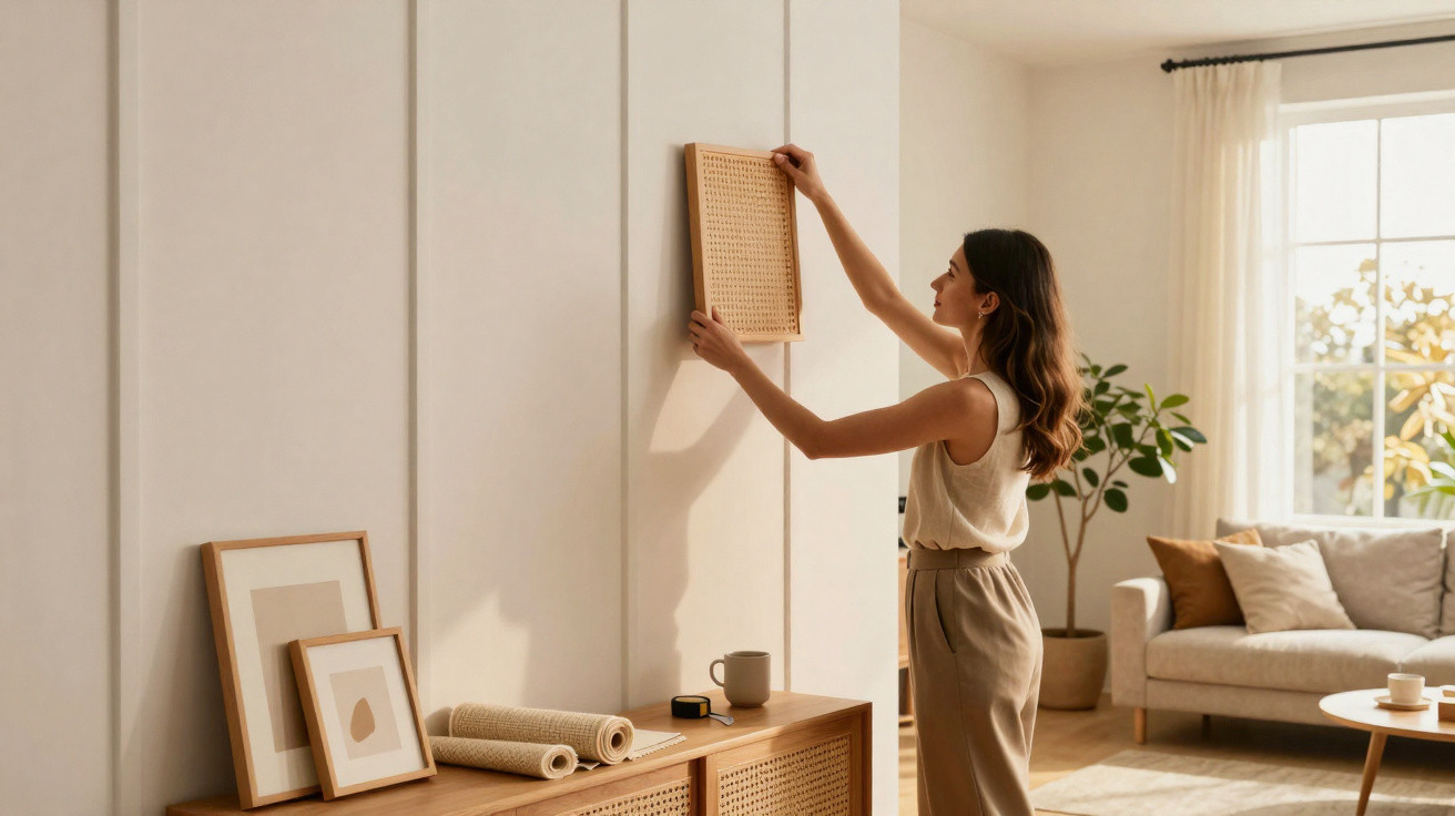 Mulher organizando quadro na parede em sala com decoração clara e ambiente ensolarado.