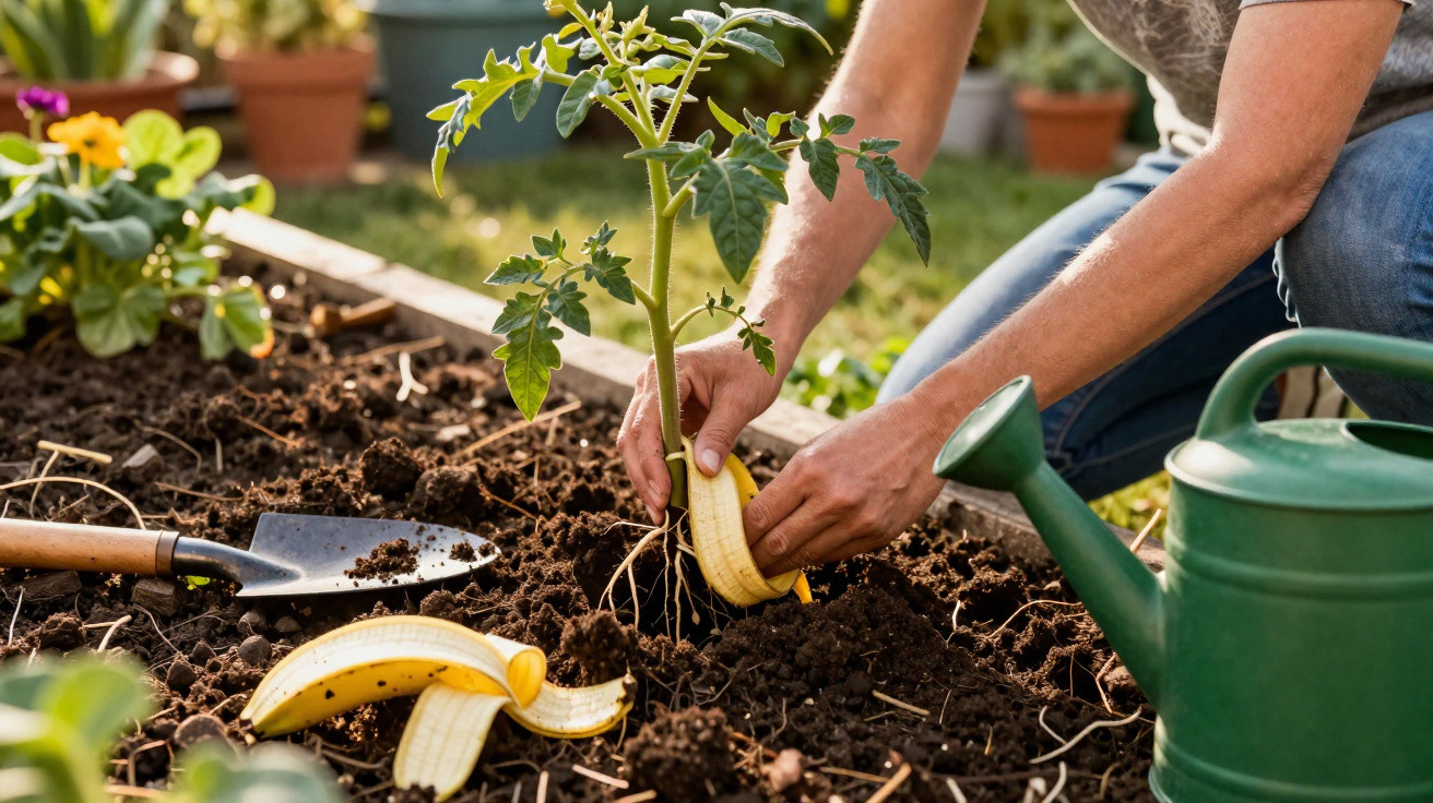 Pessoa aplicando casca de banana ao redor de muda de planta em canteiro de terra, com regador e pá ao lado.