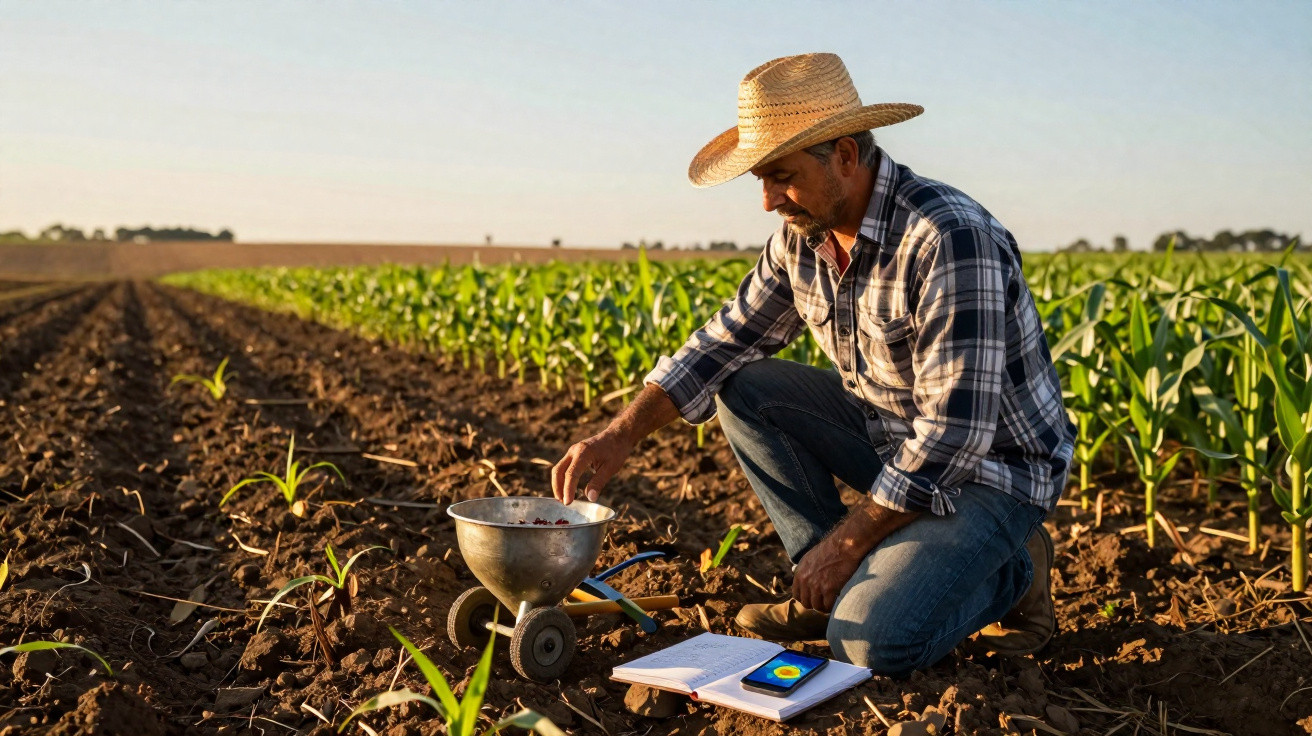 Agricultor de chapéu em campo de plantação, analisando fertilizante e anotando dados em caderno.