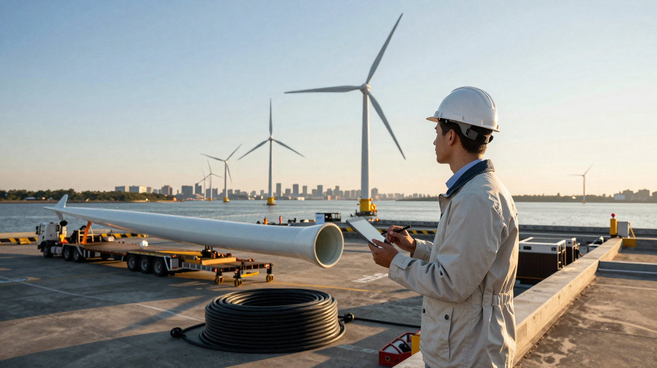 Engenheiro com capacete em parque eólico inspecionando pás de turbina ao pôr do sol.