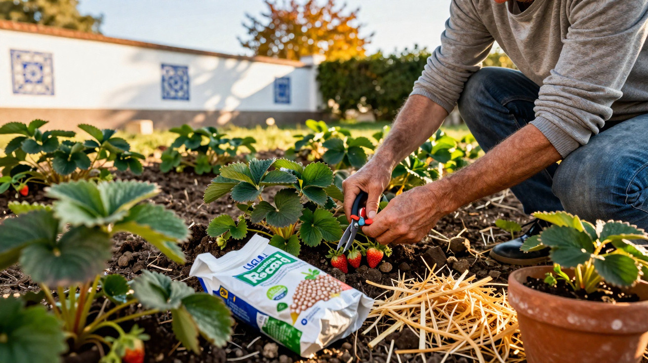 Pessoa cuidando de planta de morango em horta caseira com sacola de fertilizante ao lado.