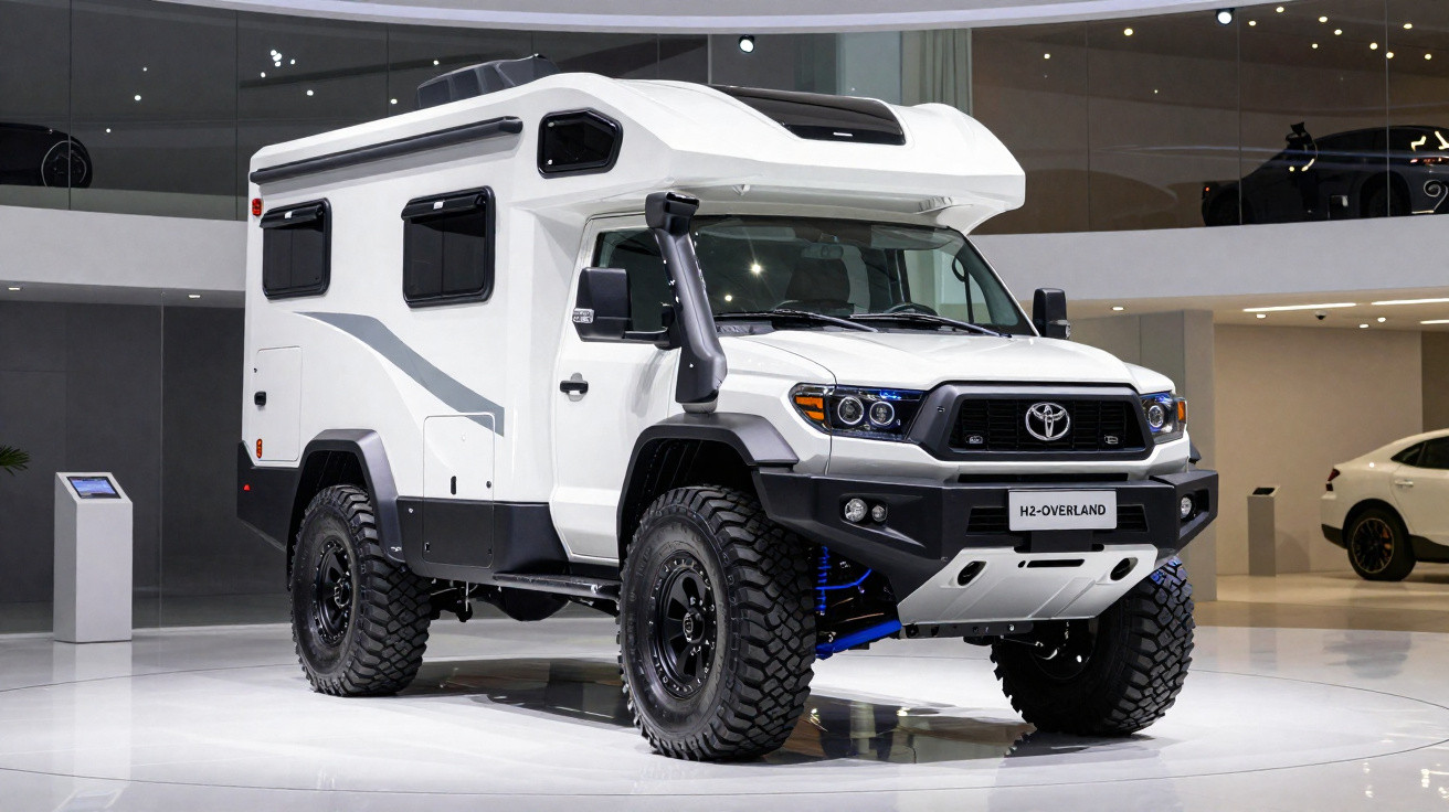 Veículo off-road branco estilo camper exposto em salão automotivo moderno.