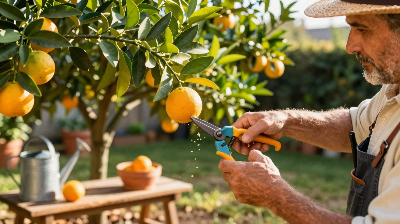 Homem com chapéu colhendo laranja com tesoura de poda em pomar ensolarado.