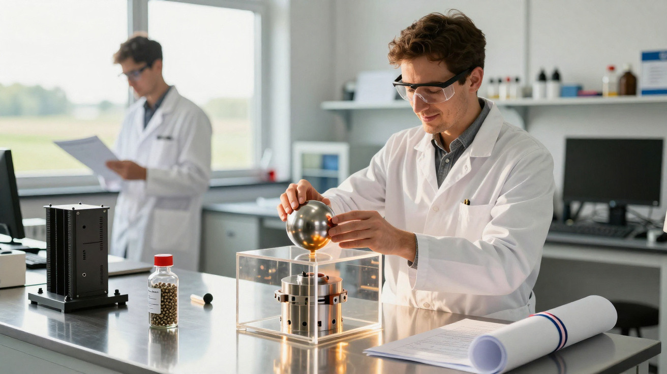 Cientista em laboratório derrama líquido dourado em equipamento, outro cientista lê documento ao fundo.